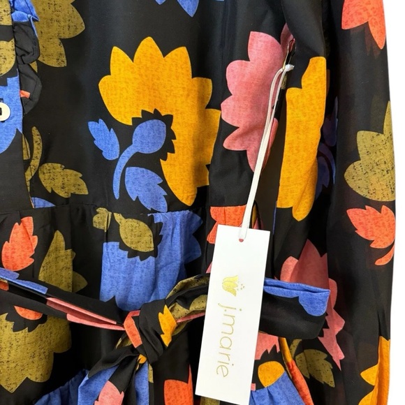 NWT J.Marie Black Flounce Bright Flowers Dress Small S Long Sleeve Tiered Boho - Picture 3 of 6